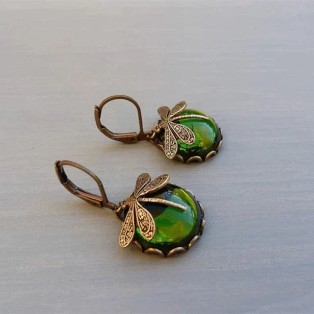 Antique Gold Dragonfly Earrings with Crystal