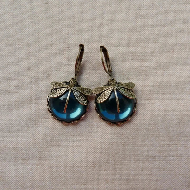 Antique Gold Dragonfly Earrings with Crystal