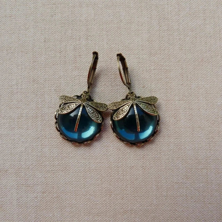 Antique Gold Dragonfly Earrings with Crystal
