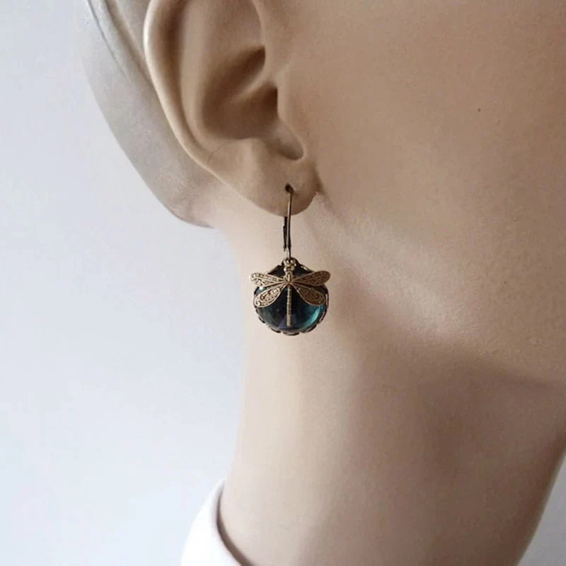 Antique Gold Dragonfly Earrings with Crystal