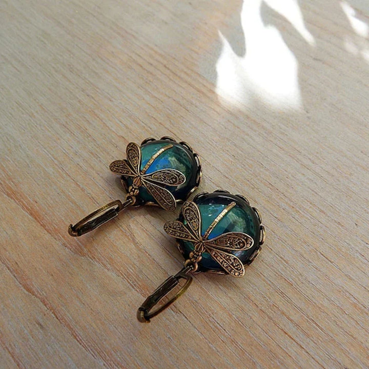 Antique Gold Dragonfly Earrings with Crystal
